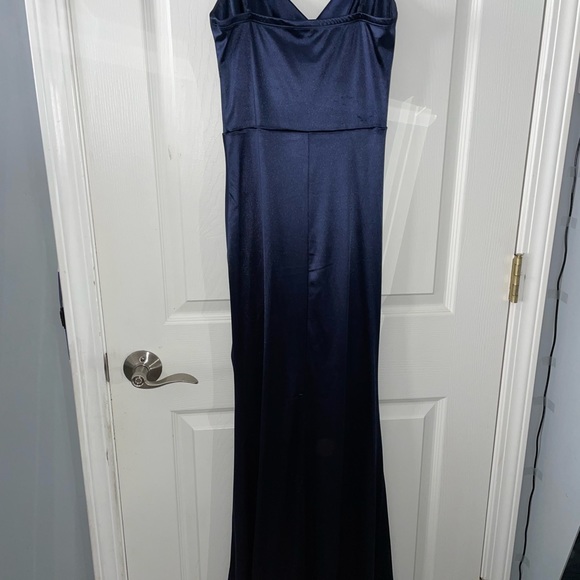 Navy blue prom or formal dress with slit and rushing - Picture 5 of 5